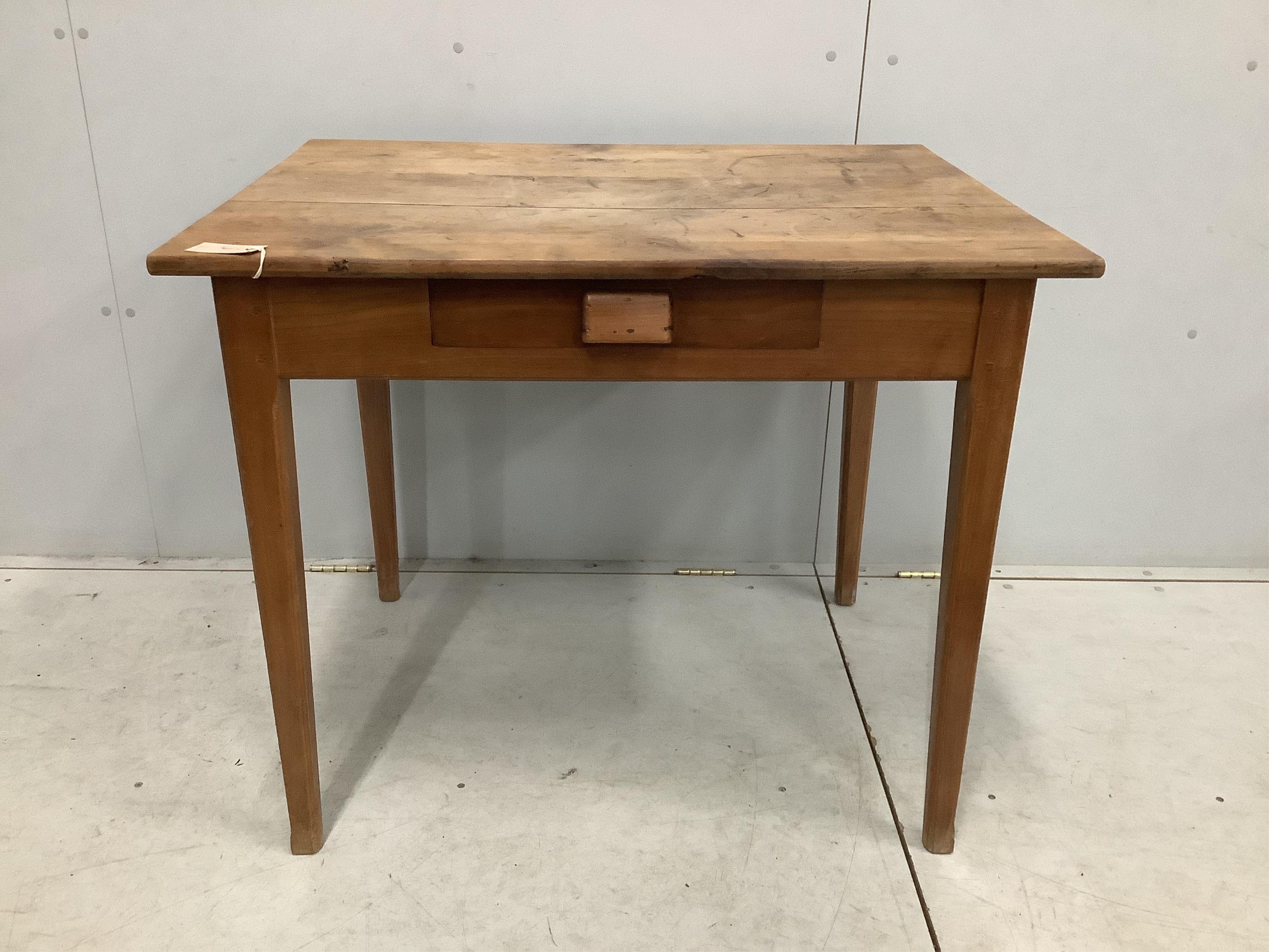 A 19th century French rectangular cherry side table, width 92cm, depth 69cm, height 77cm. Condition - fair